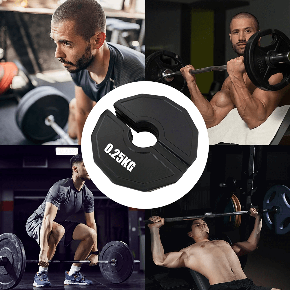 Athletes using fractional mini weight plates for strength training with a close-up of a 0.25 kg plate, promoting precise weight adjustments.